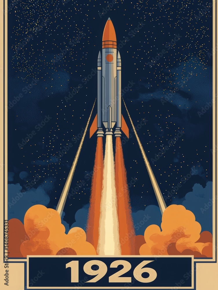 A retro-styled rocket ascends into a starry sky, surrounded by dramatic clouds and fiery exhaust. The design captures the spirit of early 20th-century space exploration, highlighting innovation.
