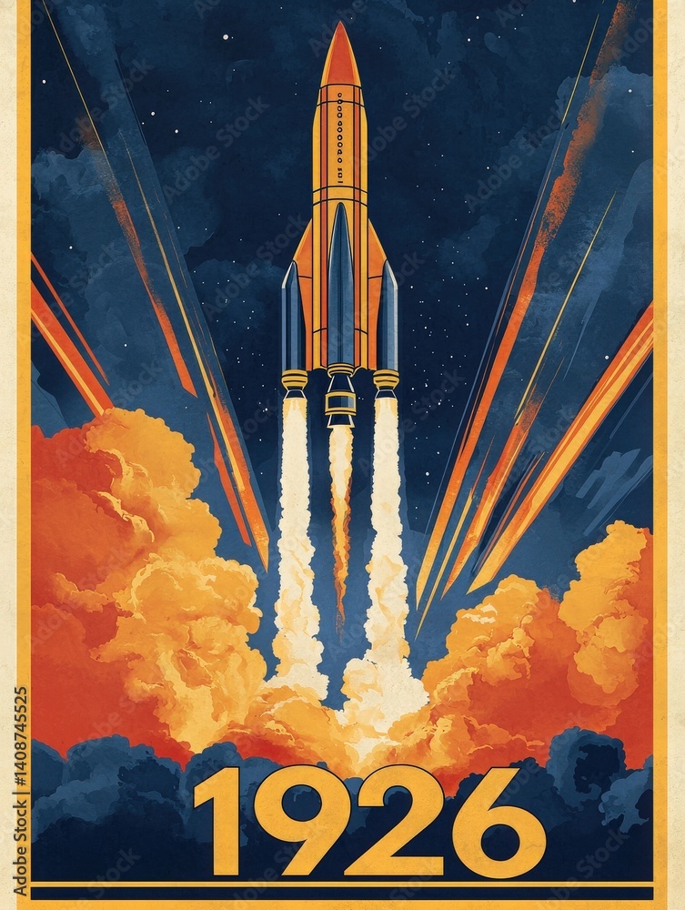 A vintage-inspired rocket is launched against a dramatic night sky, surrounded by bright clouds and fiery exhaust flames.