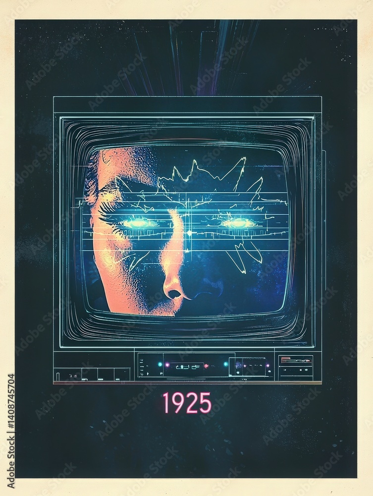 A retro television screen displays a close-up of a human face integrated with digital elements. The year 1925 dates the vintage aesthetic while hinting at modern technological themes.