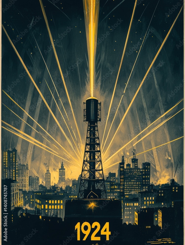 A historic broadcasting tower stands at the center of a bustling city, illuminated by dynamic rays of light. The skyline reflects an energetic atmosphere, emphasizing the year 1924.
