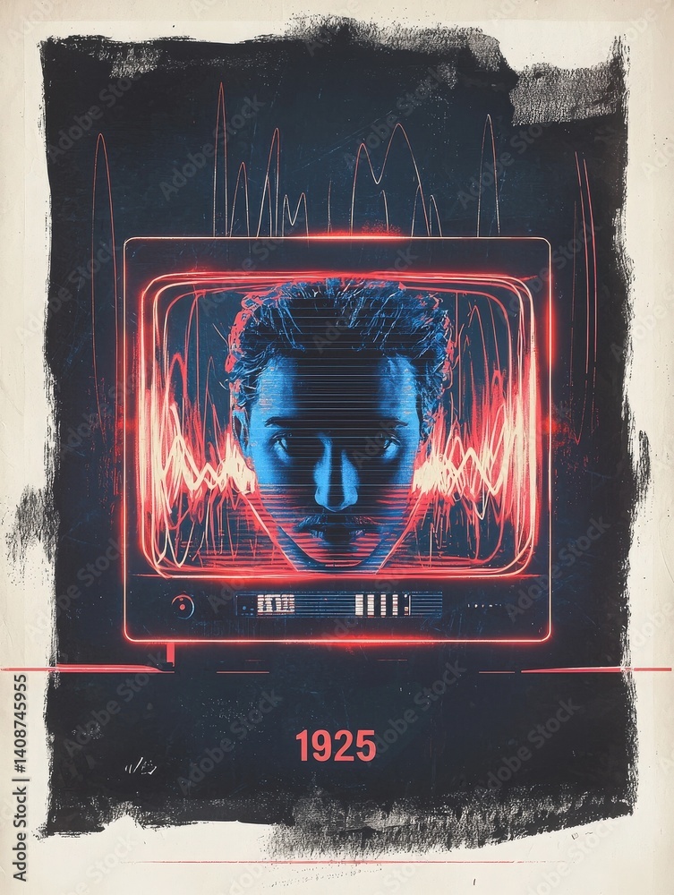 A retro television screen showcases a blue face surrounded by vibrant sound waves. The artwork combines vintage and modern elements, creating a captivating surreal atmosphere.
