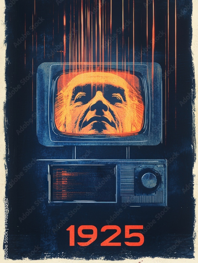 A vintage-styled television displays a surreal human face, illuminated in bright orange against a dark background.
