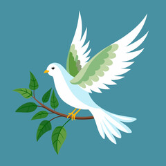 dove flying, in its beak a tree branch