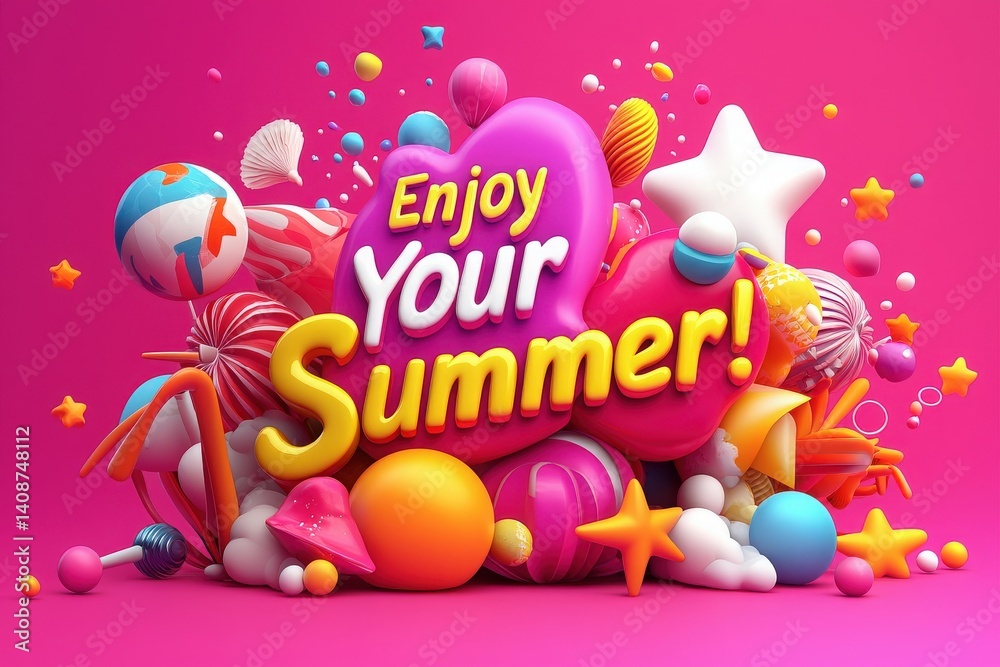 A vibrant collection of summer-themed elements showcases bold, cheerful shapes and colors. Swirls, stars, and candies create a festive atmosphere, inviting enjoyment of the season.