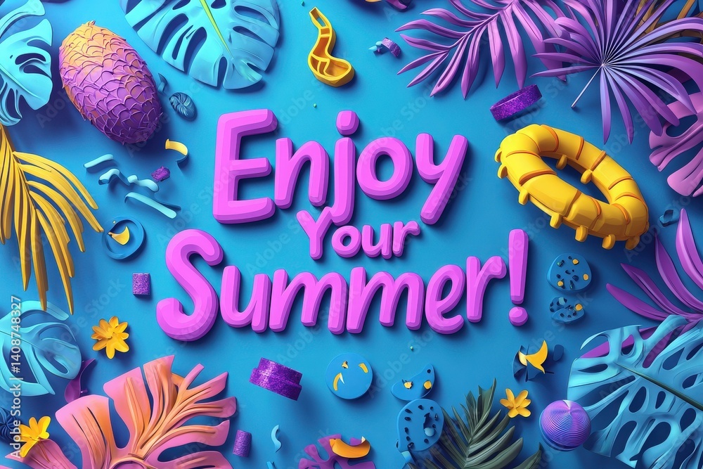 Colorful summer decorations are arranged on a blue background. Tropical leaves, playful shapes, and a cheerful message invite everyone to embrace the joyful essence of summer.
