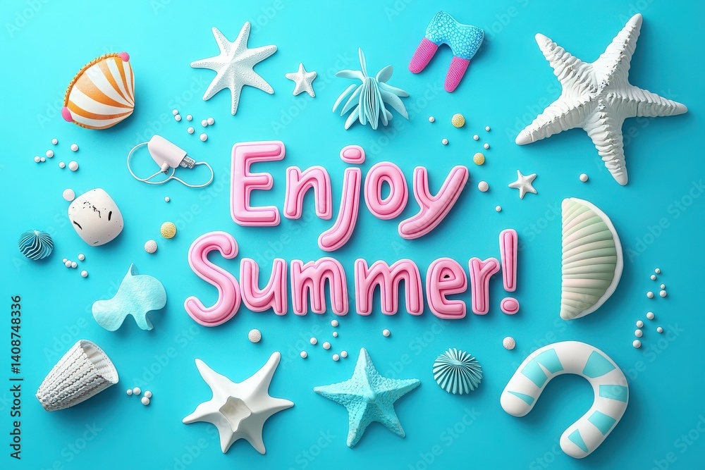 A vibrant display features summer-themed decorations on a bright blue background. Collectible items like seashells, starfish, and playful text create a joyful atmosphere celebrating the season.