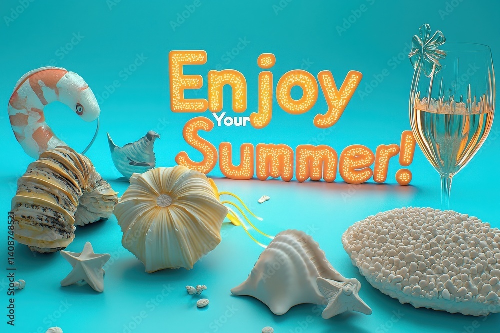 An inviting display of summer-themed treats and decorations features colorful shells, a shrimp, a bird, and sparkling bubbles, all set against a bright turquoise background.
