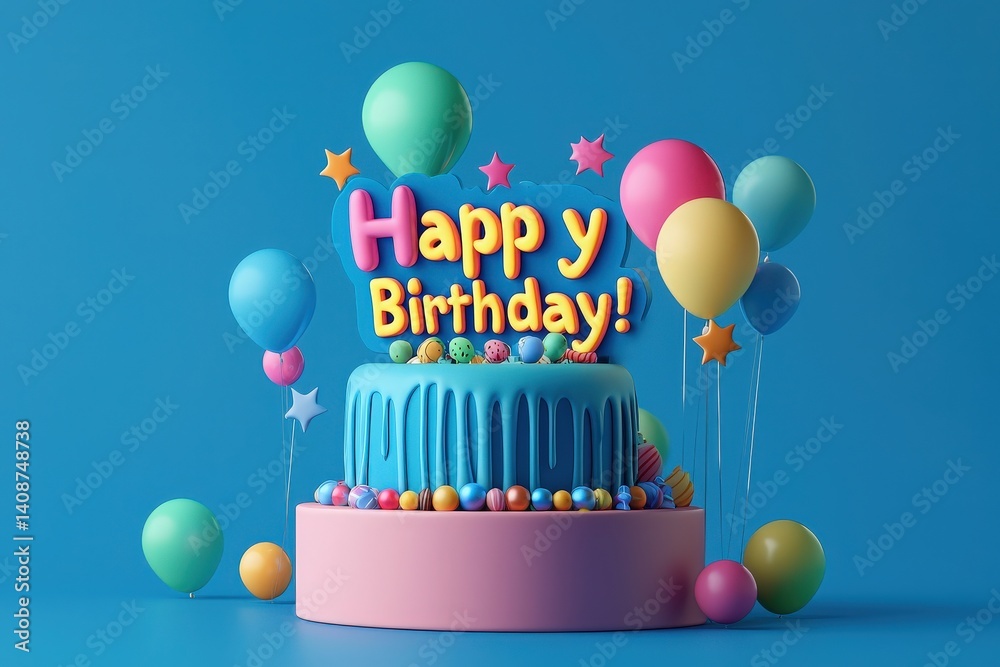 A vibrant birthday cake stands proudly with blue frosting and colorful candies on top. Surrounding it are playful balloons and decorations, creating a celebratory atmosphere.