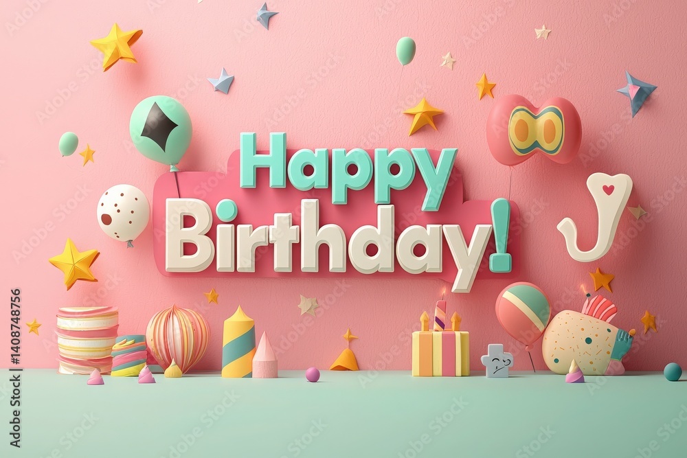 A vibrant birthday setup features a large Happy Birthday sign, balloons, and playful decorations in pastel colors. Stars, gifts, and sweet treats create a joyful atmosphere for celebration.