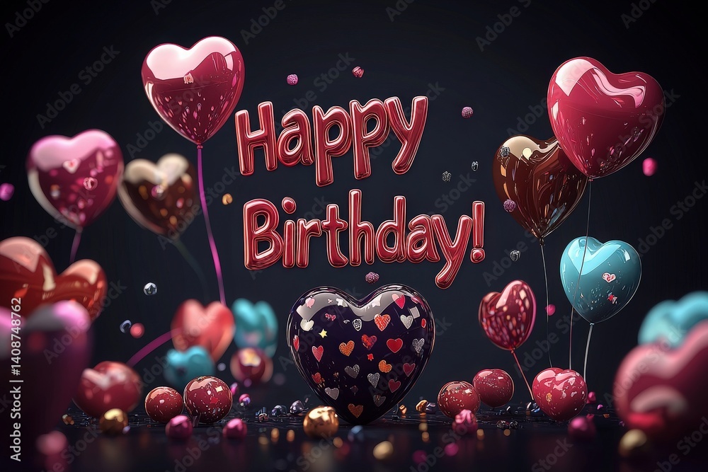 Colorful balloons shaped like hearts fill the space, featuring shades of red, pink, and blue. Happy Birthday! stands out prominently among these festive decorations, creating a cheerful atmosphere.