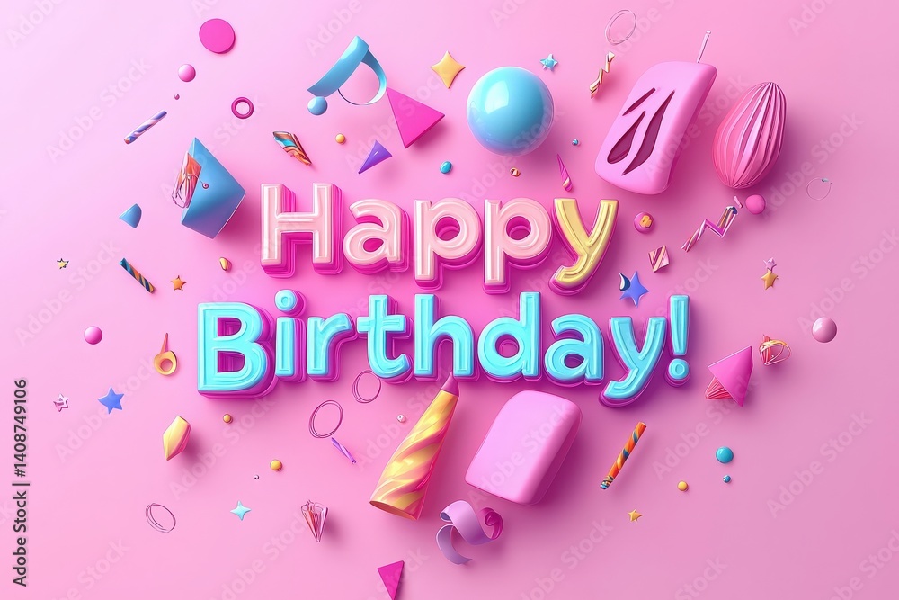 Bright and playful birthday decorations are scattered across a pink backdrop.