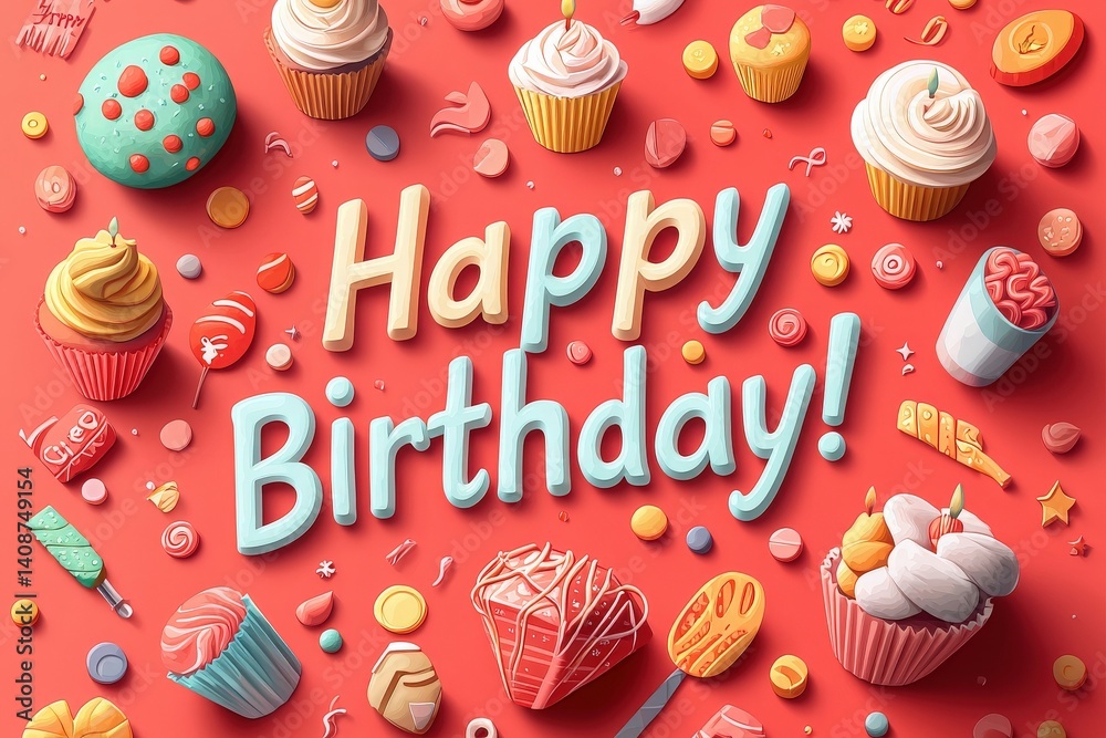 A festive arrangement features various treats including cupcakes, candies, and colorful decorations celebrating a birthday. The vibrant layout highlights the playful and joyful spirit of the occasion.