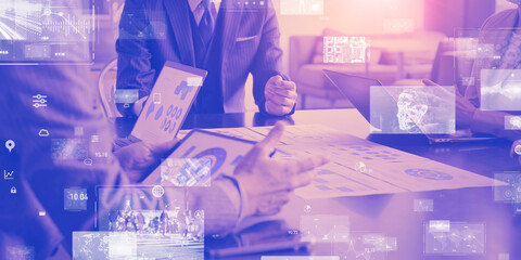 Poster - Group of business people in a meeting and digital data. Horizontal visual for banners and advertisements.