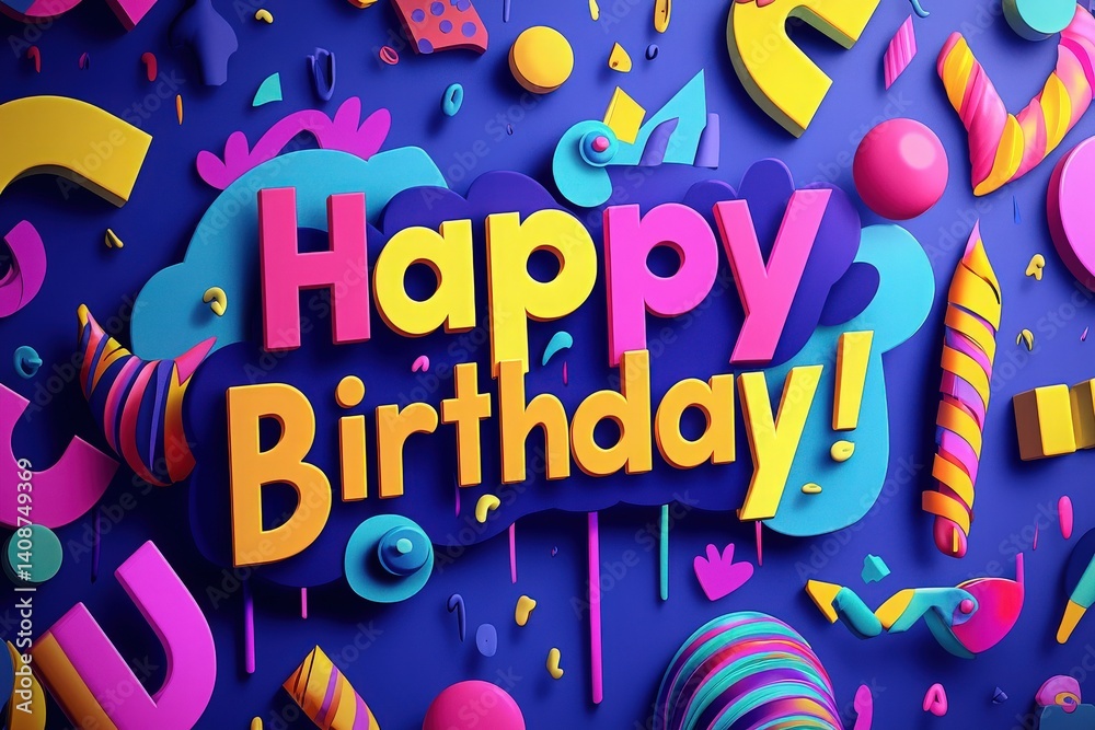 Bright, vibrant decorations featuring the words happy birthday are arranged against a dark blue backdrop. Colorful shapes and patterns enhance the lively celebration theme, perfect for parties.