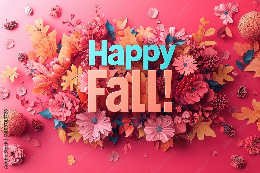 Bright flowers in shades of pink, orange, and red create a festive autumn display. The cheerful message Happy Fall! stands out against a warm background, capturing the essence of the season.
