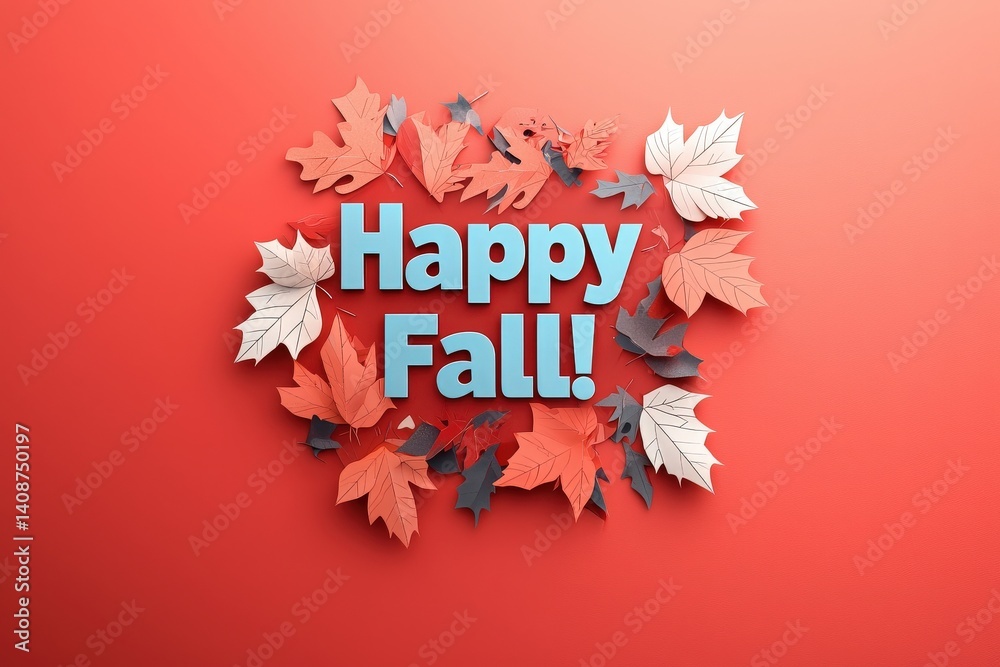 Vibrant red and orange leaves surround the phrase Happy Fall, emphasizing the joy of autumn. The bright background enhances the festive feel, perfect for seasonal decorations or greetings.