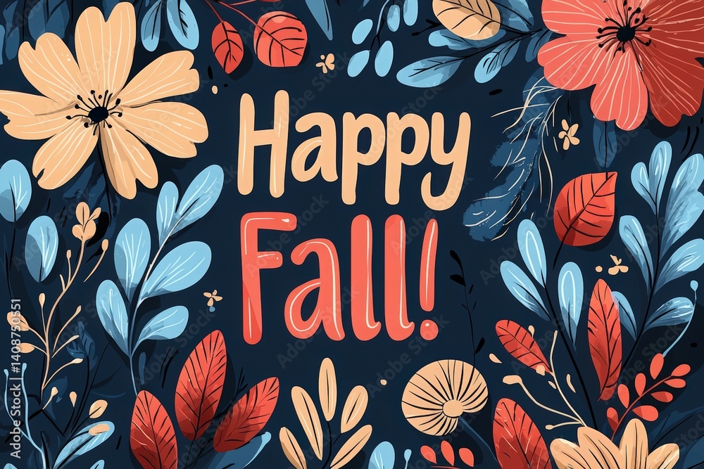 Vibrant floral elements in shades of orange, red, and blue surround festive text wishing a happy fall. This composition captures the essence of the autumn season, filled with seasonal cheer.