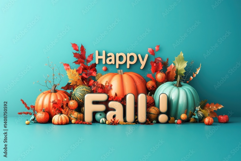 This festive autumn arrangement showcases a variety of pumpkins in orange and teal, surrounded by colorful fall leaves and decorative elements, celebrating the spirit of the season.