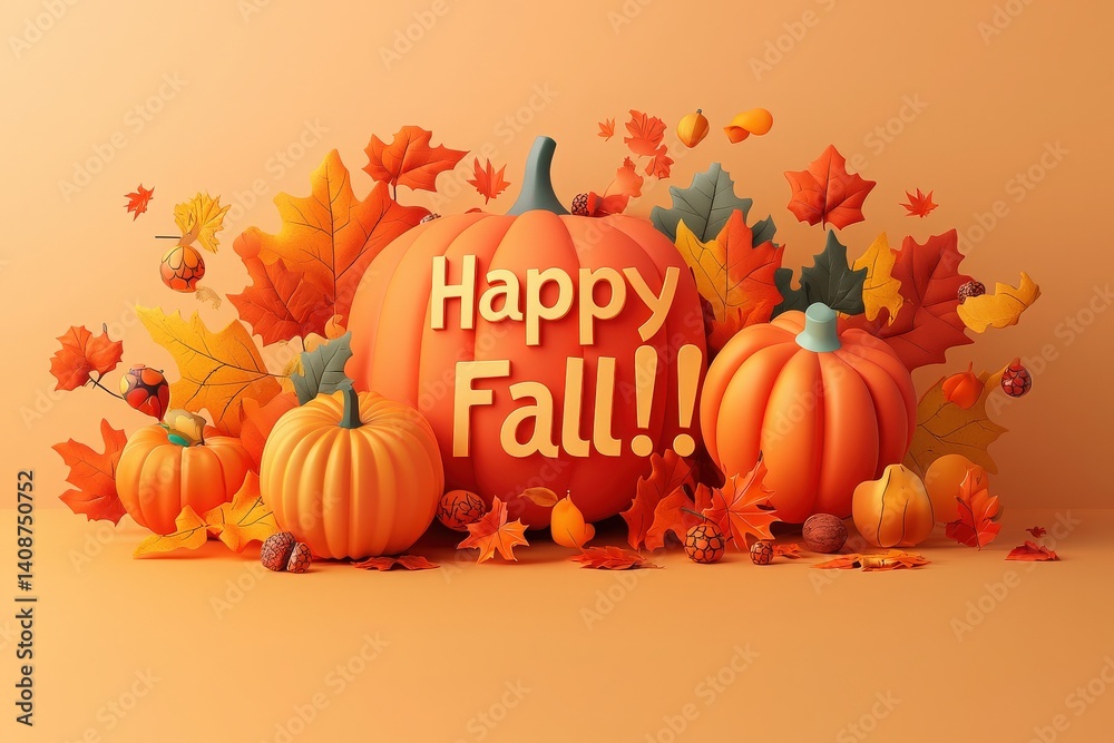 A cheerful autumn arrangement showcases various sizes of pumpkins among bright orange and yellow leaves. The festive display conveys a joyful fall atmosphere while highlighting seasonal elements.