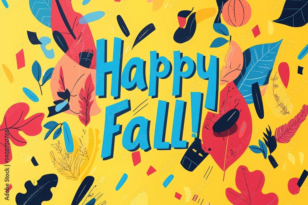 Bright yellow background features colorful autumn leaves and cheerful lettering wishing everyone a happy fall. The design captures the spirit of the season with playful elements and bold colors.