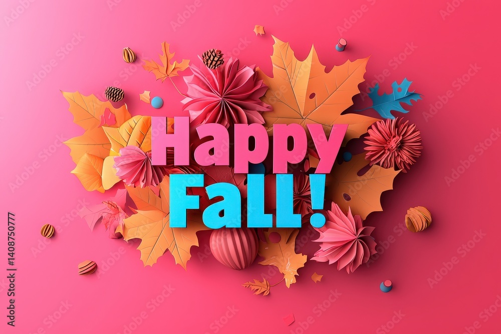 Bright autumn-themed decor features colorful leaves, flowers, and pumpkins on a vibrant pink background, creating a cheerful atmosphere for the fall season celebration.