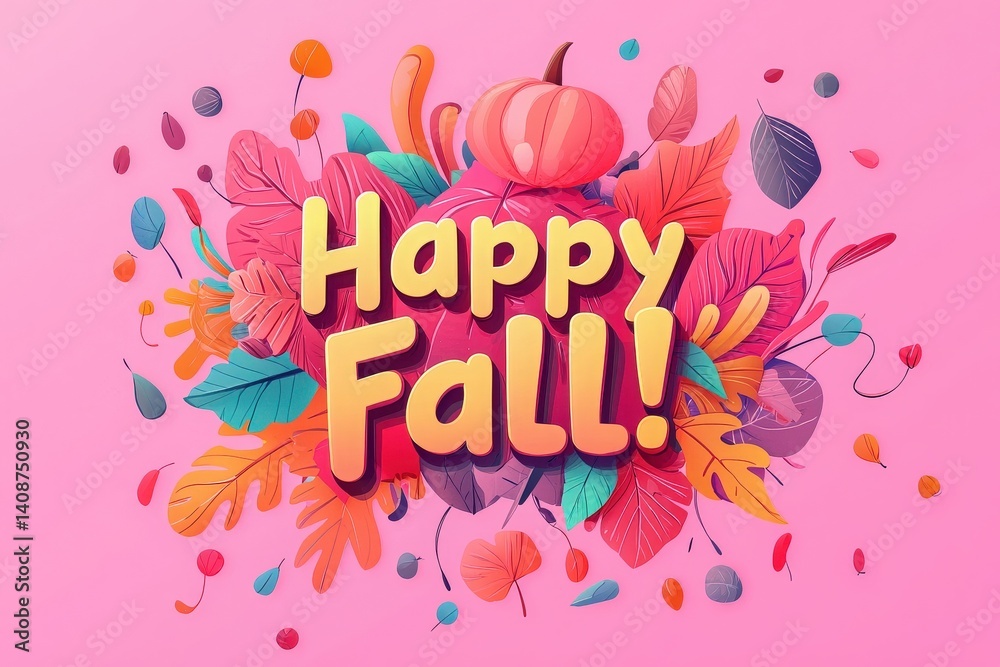 A festive design features cheerful autumn leaves and a pumpkin against a pink background. The text Happy Fall! is prominently displayed, capturing the spirit of the season.