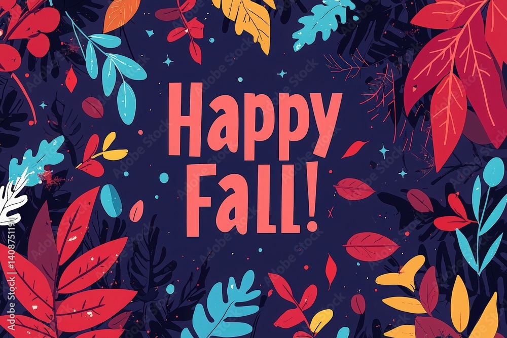 Brightly colored leaves in various shapes surround a cheerful message wishing everyone a happy fall. The playful arrangement creates an inviting autumn atmosphere, perfect for seasonal celebrations.