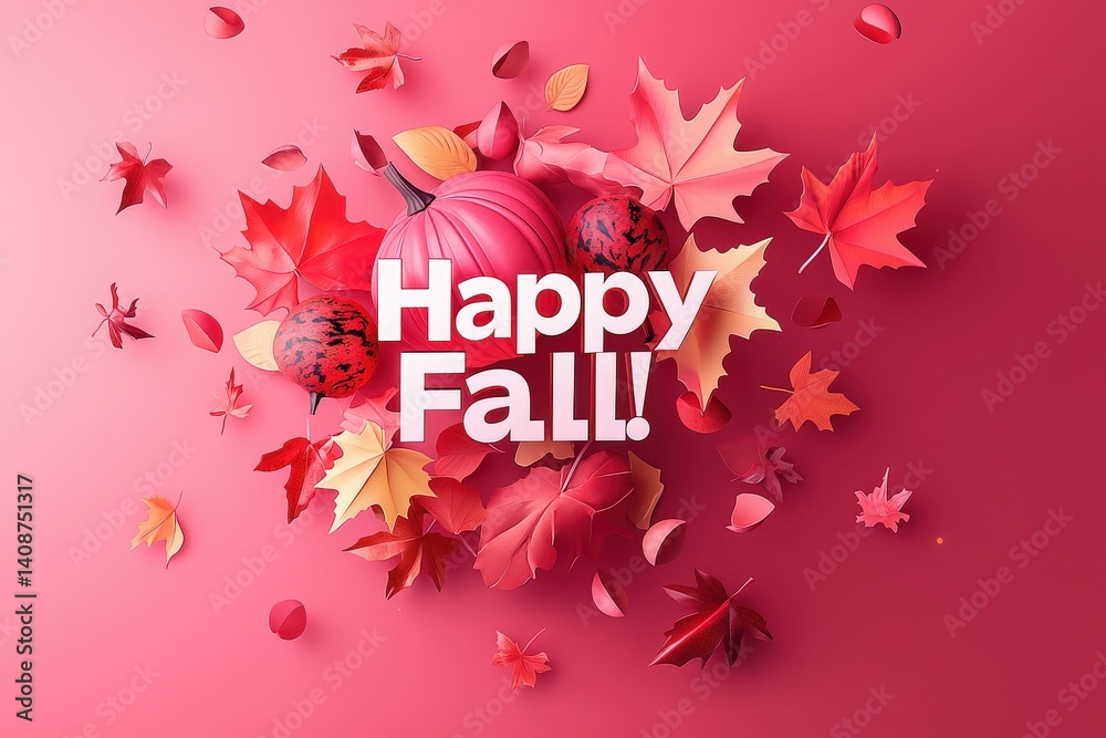 Colorful autumn leaves fall delicately around a decorated pumpkin, creating a warm and inviting atmosphere. The seasonal display showcases rich reds and oranges, perfect for fall celebrations.