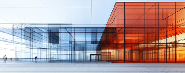 Poster - A building with a lot of glass windows and a red and orange section. The building is very modern and has a lot of glass
