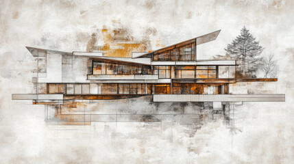 Poster - A house with a tree in front of it. The house is very tall and has many windows