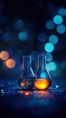 Poster - Two glass vials with a glowing liquid inside. The vials are placed on a table with a blue background. The image has a dreamy, ethereal quality to it
