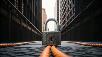 Poster - Digital Lock Symbolizing Internet Censorship on Urban Street