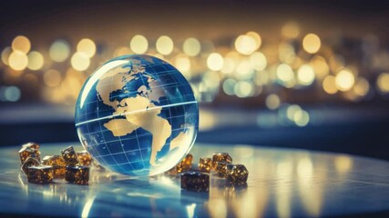 Poster - Illuminating the World: A luminous glass globe rests on a reflective surface, encircled by golden accents, with a softly blurred city lights in the background.
