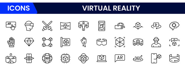vector illustration web line icon collection depicting virtual reality—headset, immersive experience