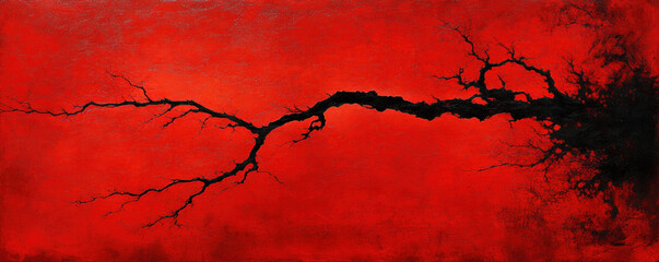 Poster - A red and black painting of a tree branch with a red background. The painting conveys a sense of destruction and chaos, as the branch appears to be broken