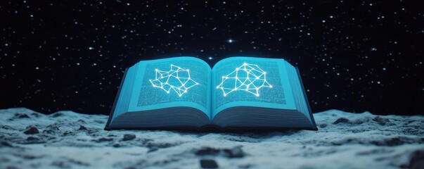 Poster - Open book under starry sky expanding cognition of space concept. An open book displaying interconnected data on lunar surface.