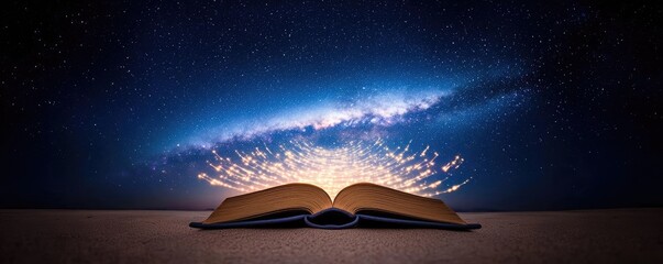 Poster - Open book under starry sky symbolizing learning and cognition concept. An open book reveals a galaxy of ideas and imagination.