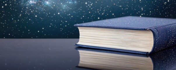 Aufkleber - Open book under starry sky with galaxy and cognition concept. A book resting on a reflective surface with a starry background.