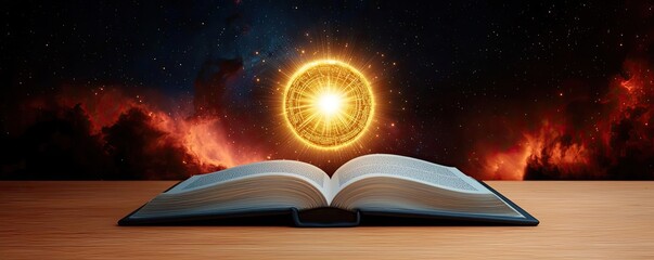 Poster - Open book under starry sky symbolizing learning and cognition concept. An open book with a glowing symbol in a cosmic background.