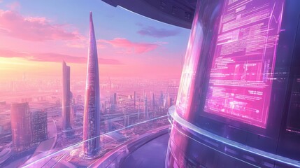 Poster - A futuristic cityscape displays vibrant colors during an atmospheric sunset