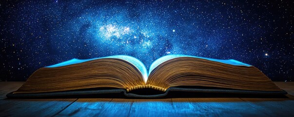 Poster - Open book under starry sky symbolizing learning and cognition concept. An open book against a cosmic starry background, symbolizing knowledge.