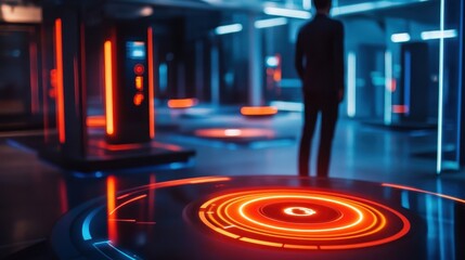 Poster - A futuristic interior featuring glowing lights and a person standing