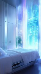 Poster - A futuristic bedroom with a bed and digital window display