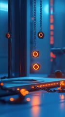 Poster - Illuminated Rings Suspended by Chains In A Dark Blue Setting