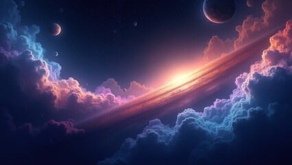 A colorful space scene with a yellow planet and many other planets