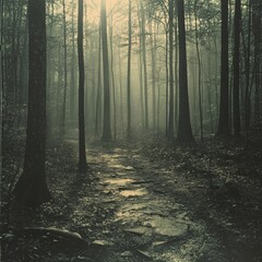  A serene forest path shrouded in mist, with sunlight filtering through tall trees, creating a tranquil and mysterious atmosphere.