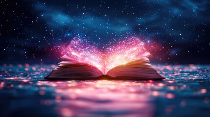Poster - Open book under starry sky with galaxy and cognition concept. An open book unleashes vibrant magic in a serene, peaceful setting.