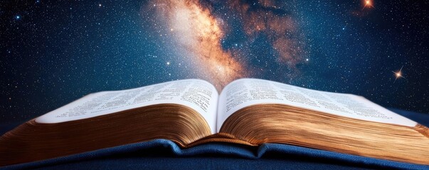 Aufkleber - Open book under starry sky with galaxy and cognition concept. An open book with a cosmic backdrop illustrating knowledge.