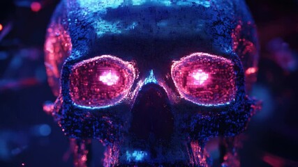 Poster - Intricate Neon Skull with Glowing Eyes and Colorful Textures in a Dark Surreal Environment