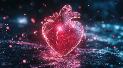 Poster - A Glowing Rendered Anatomical Heart Surrounded By Glowing Particles